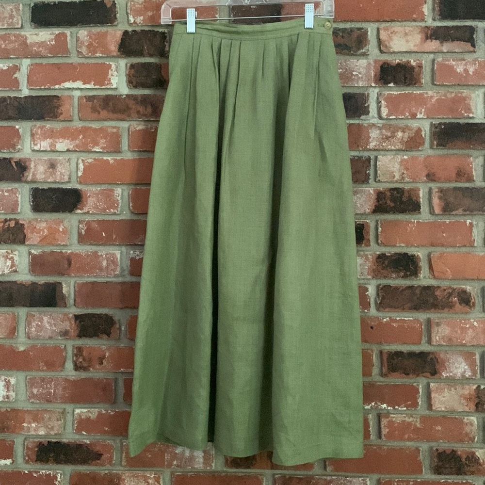 Vintage Flaxworks Irish Linen Olive Green Pleated Midi Skirt Pockets Sz M